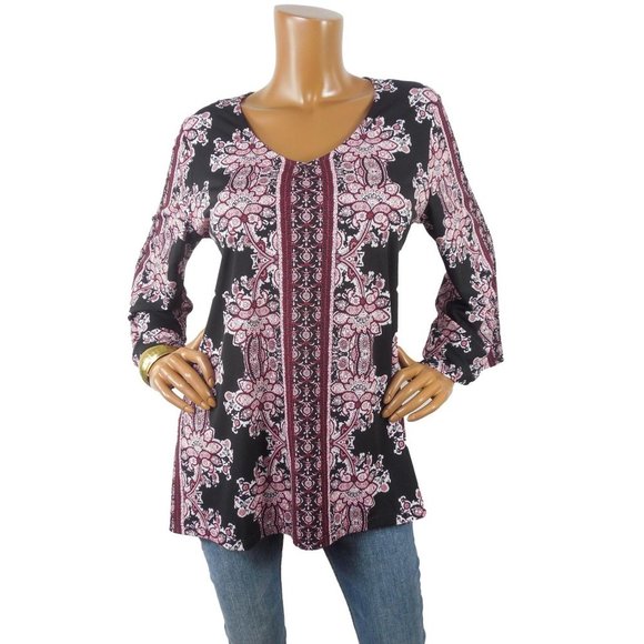 DRESSBARN Top L Tunic Blouse Red/Black Print Stretch V-Neck 3/4 Asymmetric Slvs - Picture 1 of 11